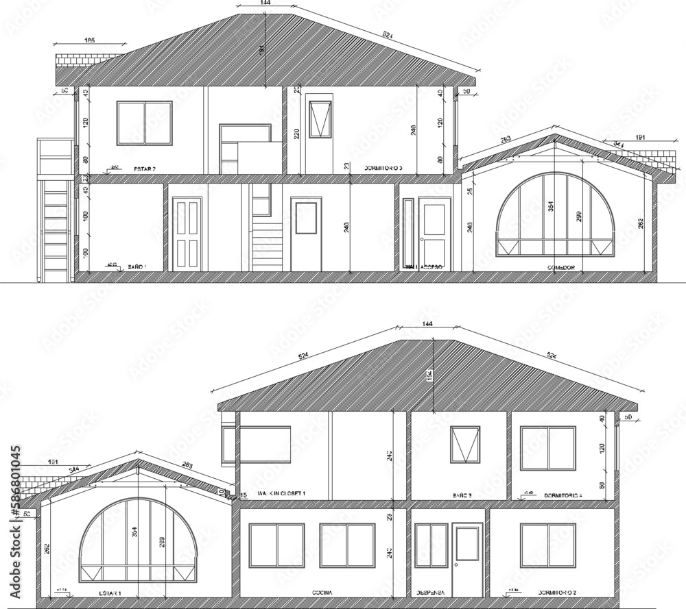 Vector illustration sketch of classic country style wooden house section design