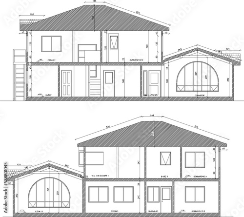 Vector illustration sketch of classic country style wooden house section design