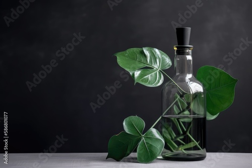 Composition. Bottle with green leaves against a white and black backdrop. copy space, front view. Generative AI