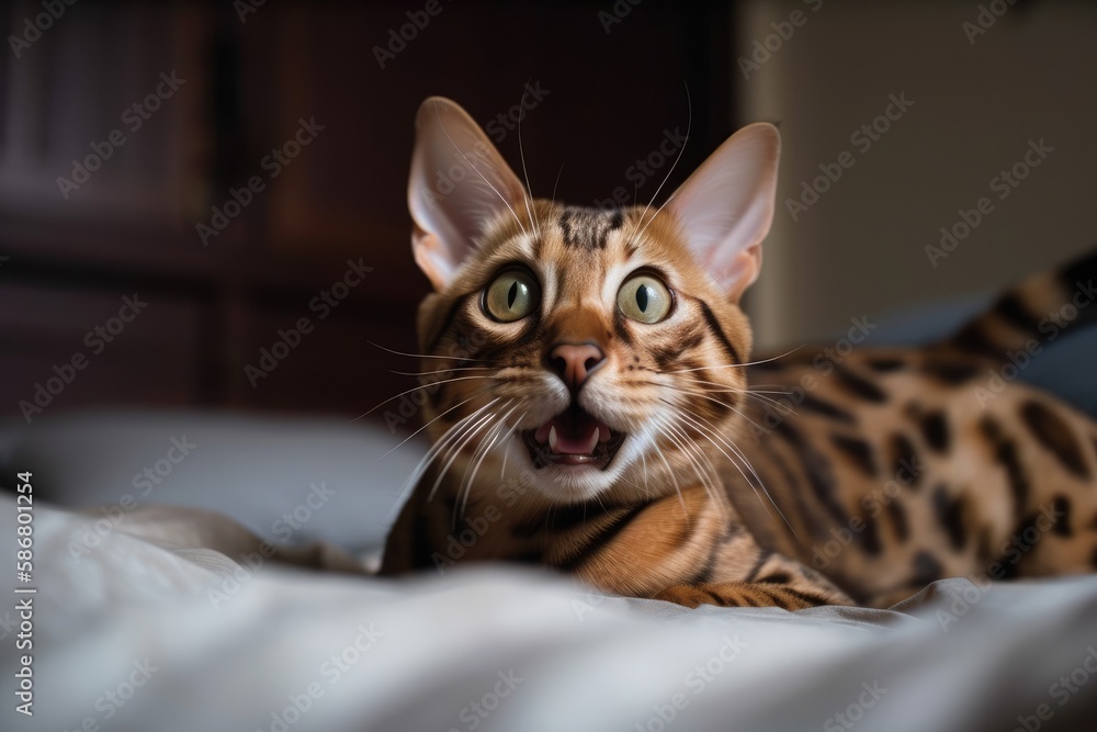 On the bed is a cute Bengal cat. Generative AI