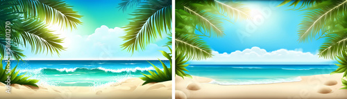 Sea beach with palm tree leaves background  empty summer time landscape  ocean view with sandy coastline and blue cloudy sky