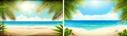 Sea beach with palm tree leaves background, empty summer time landscape, ocean view with sandy coastline and blue cloudy sky