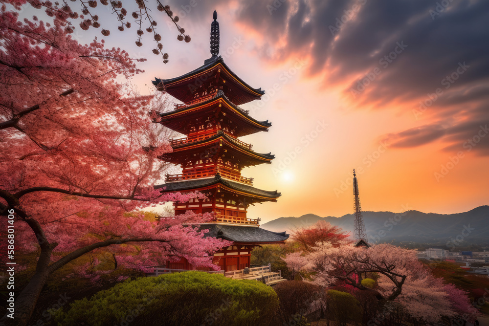 Beautiful Japanese temple, cherry blossom trees, sakura season