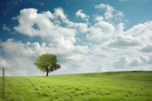 nature landscape with green field and alone tree, generative AI