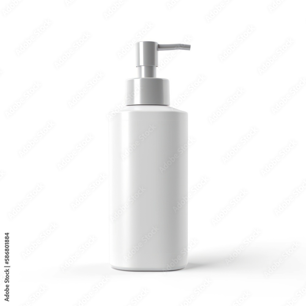 white soap bottle dispenser template isolated , white background, 3d bottle mockup with shadows, cosmetics spray pump container, generative ai white soap bottle dispenser template isolated , white background, 3d bottle mockup with shadows, cosmetics spray pump container, generative ai