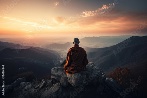 a Buddhist monk meditating on mountain top, generative Ai