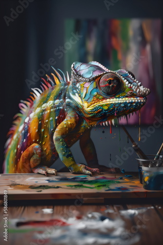 painting of patterned colorful chameleon in art studio made with generative ai