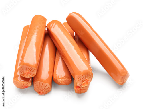 Pile of uncooked hot dogs, ...