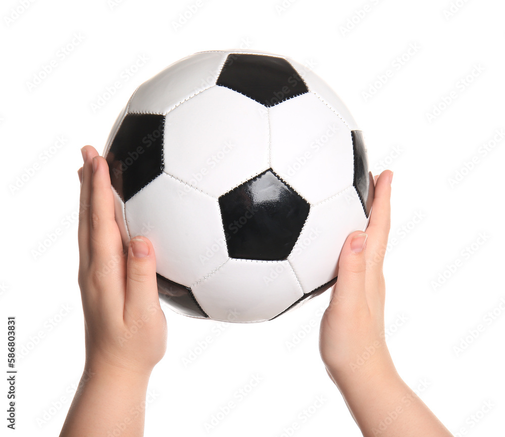 Hands with soccer ball on white background