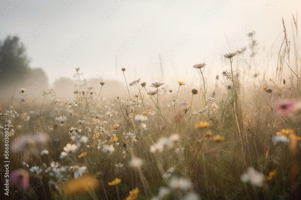 Wildflowers and a simple meadow and light sky in a misty background. Generative AI. Wildflowers and a simple meadow and light sky in a misty background. Generative AI.