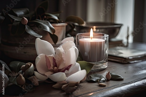 Gray room decor closeup with burning candle and fresh magnolia flowers. Generative AI