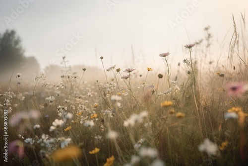 Wildflowers and a simple meadow and light sky in a misty background. Generative AI.