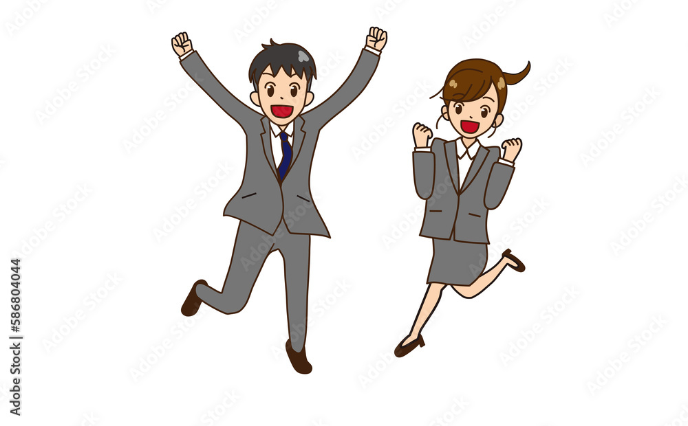 ジャンプするスーツの男女　ガッツポーズ７