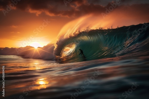 Skilled surfer surfing a big wave at sunset. Generative AI.