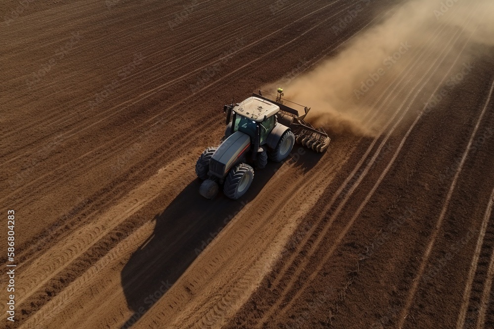 Tractor with plough furrowing a field. Generative AI.