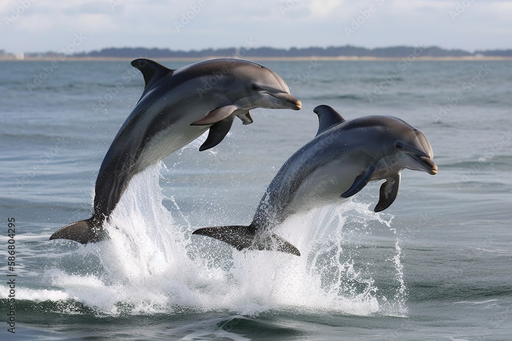 Naklejka premium Cute dolphins jumping. Generative AI.