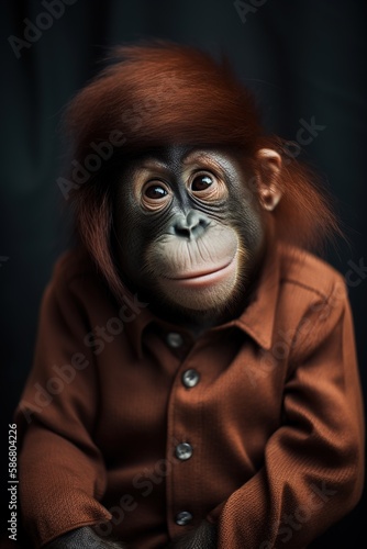 Baby orangutan wearing a mod fashion. Generative AI.