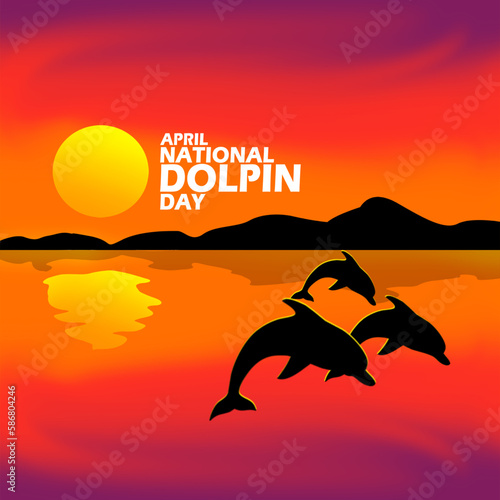 The sight of dolphins jumping over the sea at sunset with bold text to celebrate National Dolphin Day on April