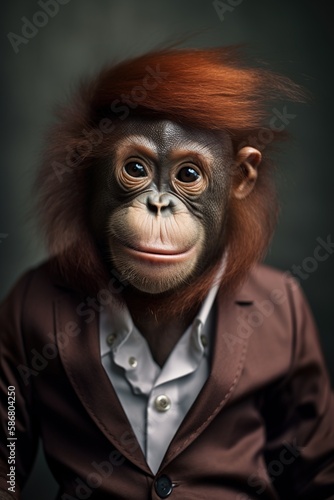 Baby orangutan wearing a mod fashion. Generative AI. © Bargais