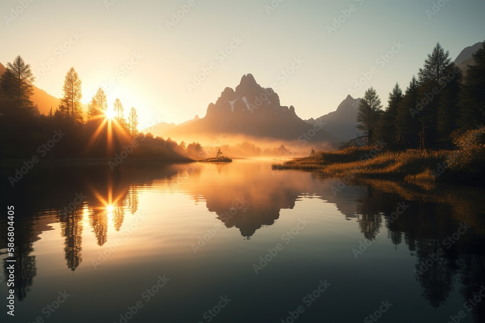 A mountain range reflecting in a calm lake at sunrise. Generative AI.