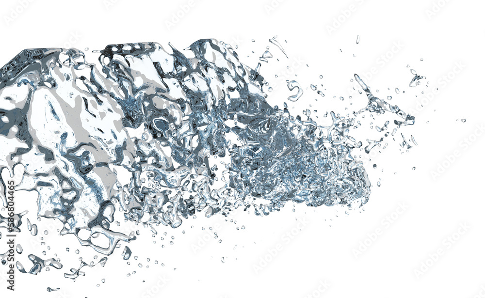 3d water splash transparent, clear blue water scattered around isolated. 3d render illustration