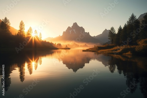 A mountain range reflecting in a calm lake at sunrise. Generative AI. © Bargais