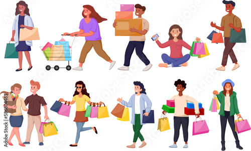 Collection of people carrying shopping bags with purchases. Man and woman taking part in seasonal sale in shop, store, mall. Vector illustration