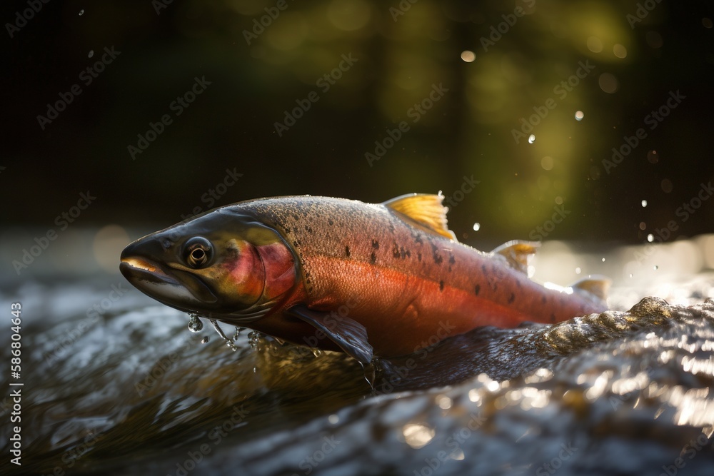 Salmon swims on the river. Generative AI. Salmon swims on the river. Generative AI.