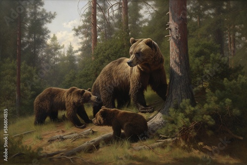 Morning in a pine forest with brown bears. Generative AI.