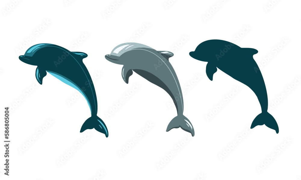 Fototapeta premium dolphin vector, Dolphins graphic icons set. Signs swimming dolphins isolated on white background. Sea life symbols. Vector illustration