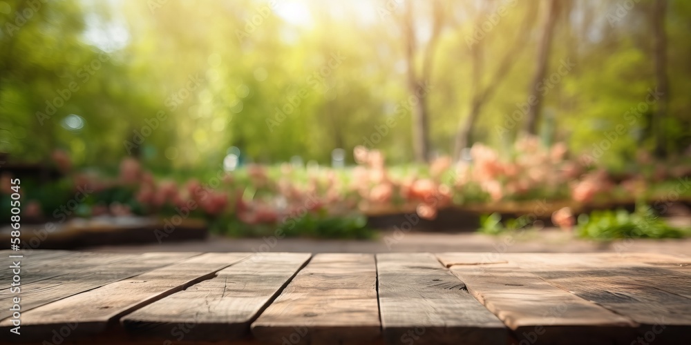 Empty wooden table in spring garden blurred background, Free space for product display. Generative Ai Empty wooden table in spring garden blurred background, Free space for product display. Generative Ai