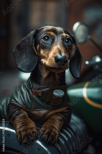 The dachshund riding a motorcycle. Generative AI. © Bargais