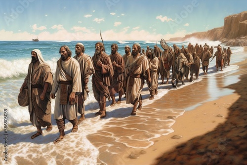 The Israelites walked into the sea on dry ground. Bible story. Generative AI. photo