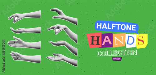 Set of halftone hands. Vector illustration with gestures of hands with halftone effects for decoration of retro banners and vintage postres. Collection of collage elements.