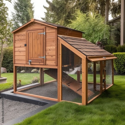 Modern wooden chicken coop. Generative AI.