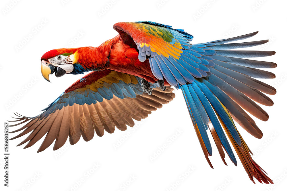 a jungle-themed photographic illustration of a blue green and orange macaw parrot in mid-flight on a transparent background in PNG. 