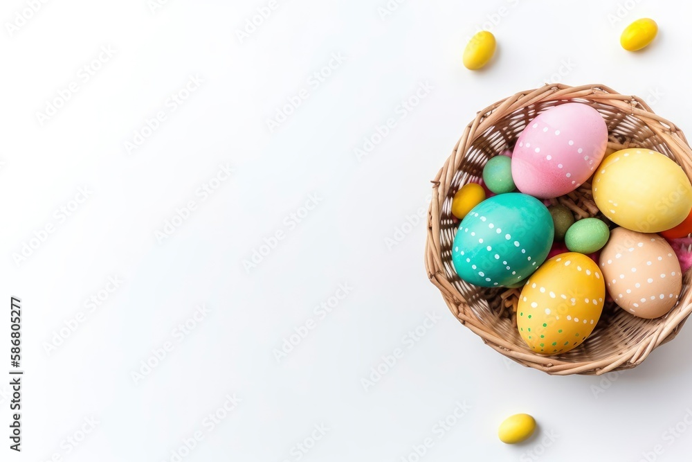 A basket of colorful easter eggs on a table. Generative AI A basket of colorful easter eggs on a table. Generative AI
