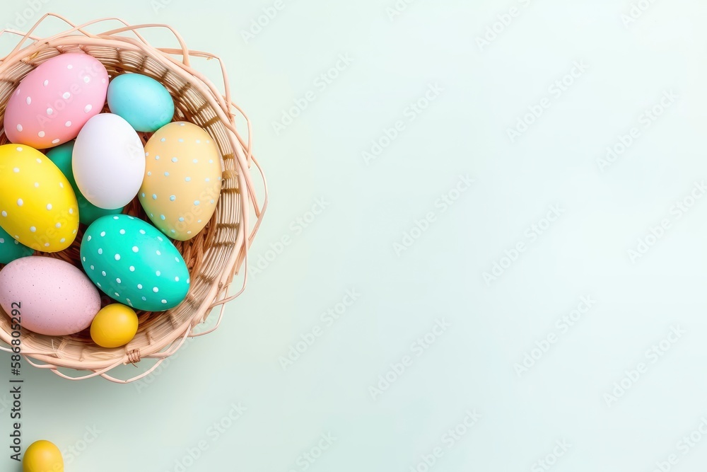 A basket of colorful easter eggs on a table. Generative AI