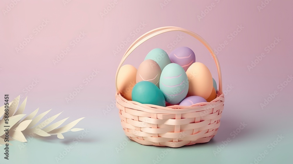 A basket of easter eggs sits on a wooden table.. Generative AI A basket of easter eggs sits on a wooden table.. Generative AI