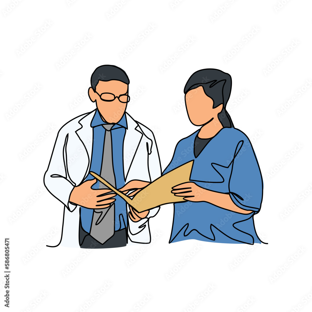 One continuous line drawing of a doctor is examining patient in the clinic or hospital. Health design concept with simple linear style. Health themes vector design illustration concept. One continuous line drawing of a doctor is examining patient in the clinic or hospital. Health design concept with simple linear style. Health themes vector design illustration concept.