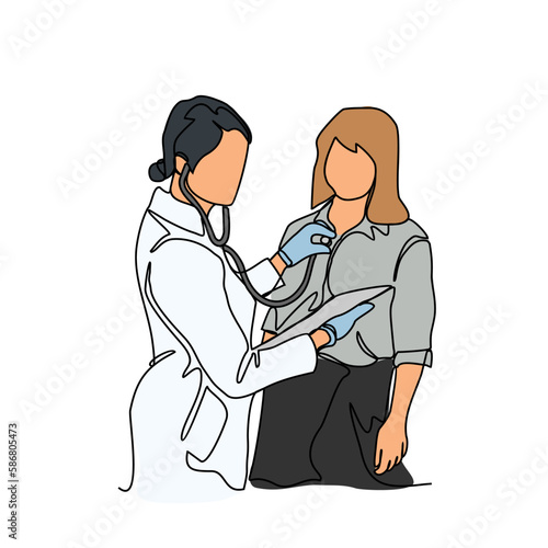 One continuous line drawing of a doctor is examining patient in the clinic or hospital. Health design concept with simple linear style. Health themes vector design illustration concept.