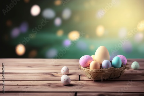 Colorful easter eggs on a wooden table with bokeh background. Generative AI