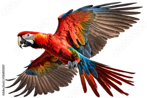 a jungle-themed photographic illustration of a blue green and orange macaw parrot in mid-flight on a transparent background in PNG.  © Purple Penguin GFX