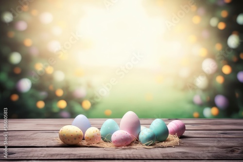 Colorful easter eggs on a wooden table with bokeh background. Generative AI