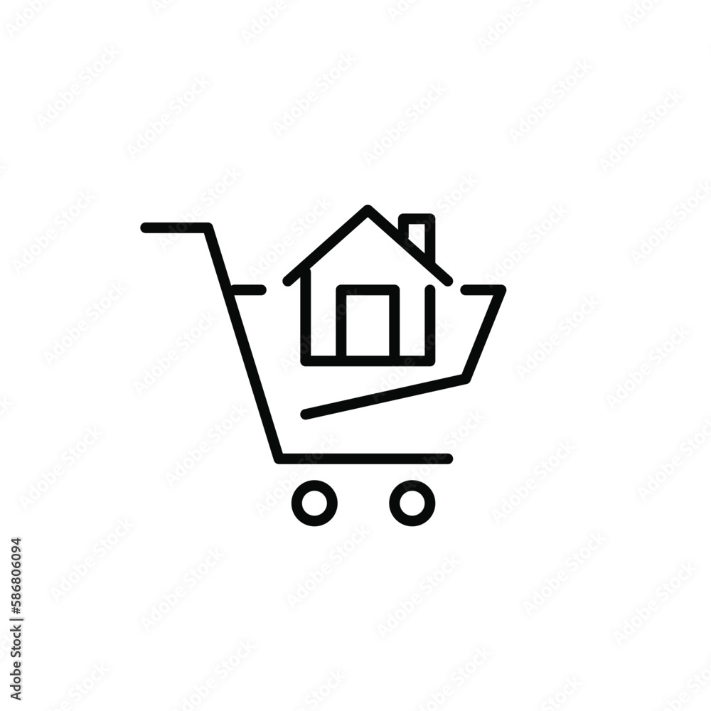 Real estate shopping. House in a shopping cart. Pixel perfect, editable stroke line icon Real estate shopping. House in a shopping cart. Pixel perfect, editable stroke line icon
