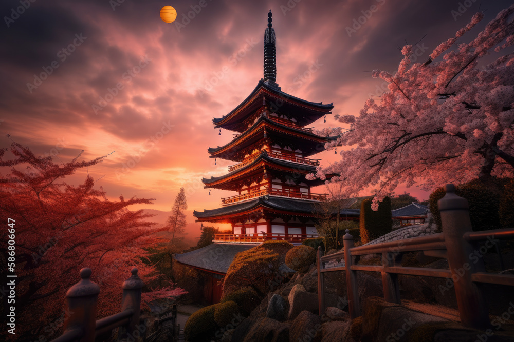 Beautiful Japanese temple, cherry blossom trees, sakura season, spring