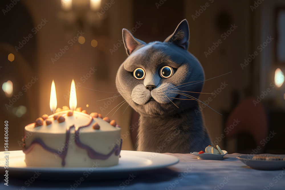 shot of animated British cat celebrating birthday with piece of cake