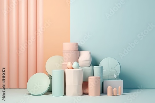 pastel-colored objects arranged against a pastel wall. Generative AI © AkuAku