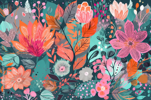 Modern flower design with pink  orange  cyan flowers  floral patterns  hand drawn textures  generative AI