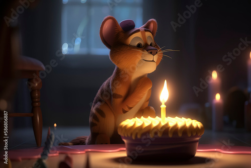 shot of animated British cat celebrating birthday with piece of cake © Fernando